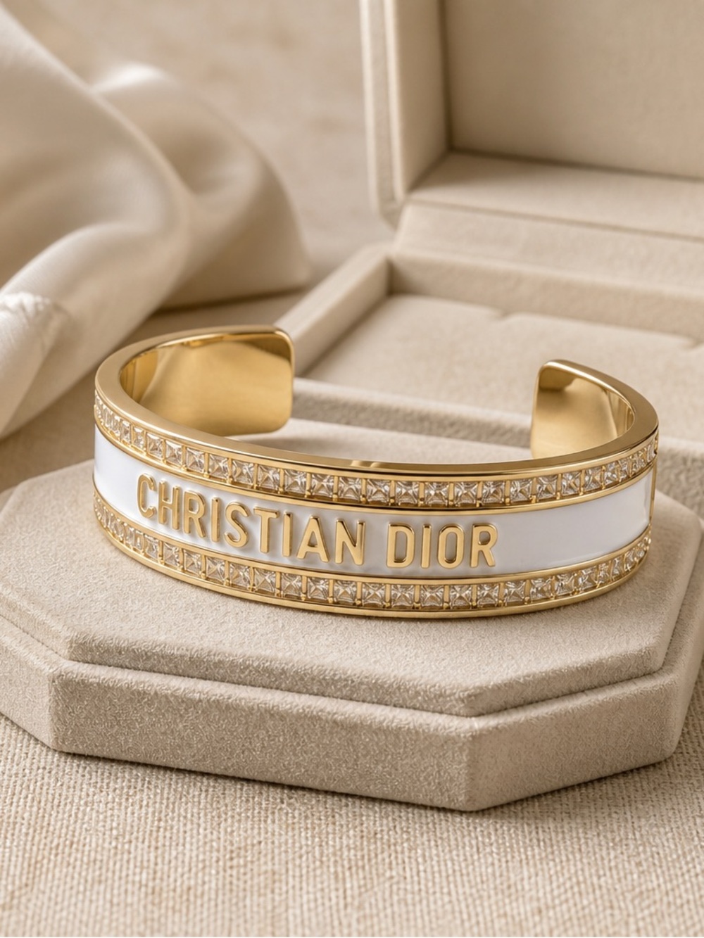 Dior Gold and White Christian Dior Crystal Cuff Bracelet